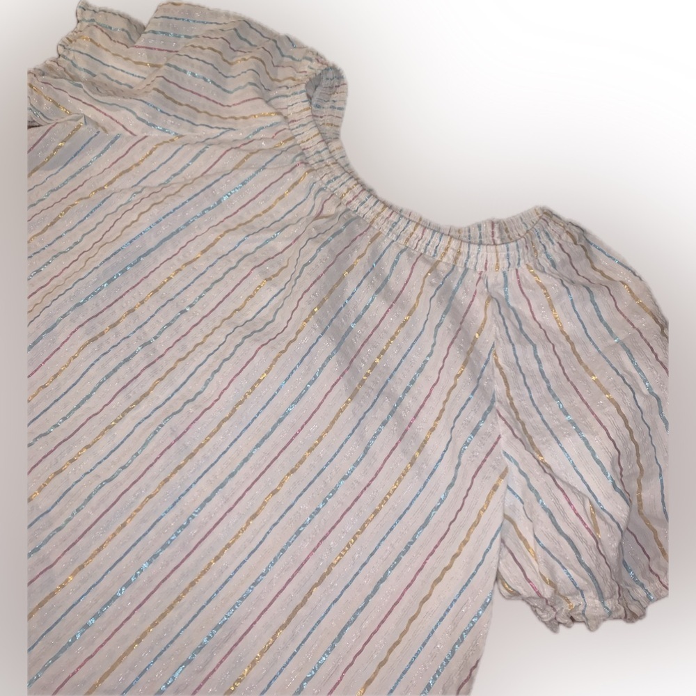 Lane Bryant Cotton Peasant Metallic-Stripe Puff-Sleeve Shirred Top Shirt Size 22 - Picture 4 of 7
